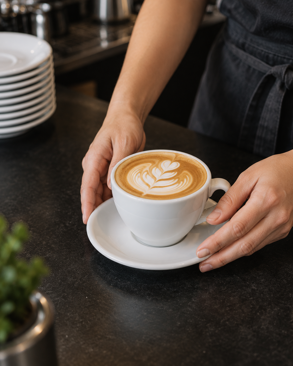 A latte handed across the counter