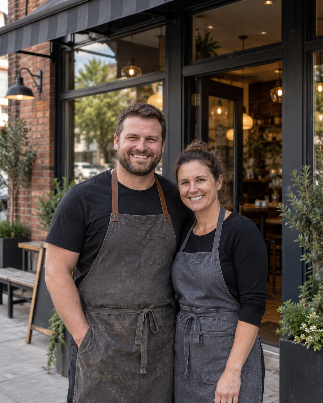 Two owners outside their restaurant