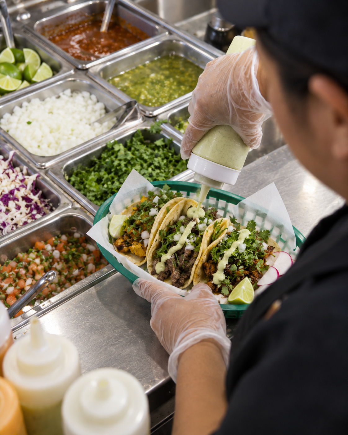 Tacos being finished in a basket